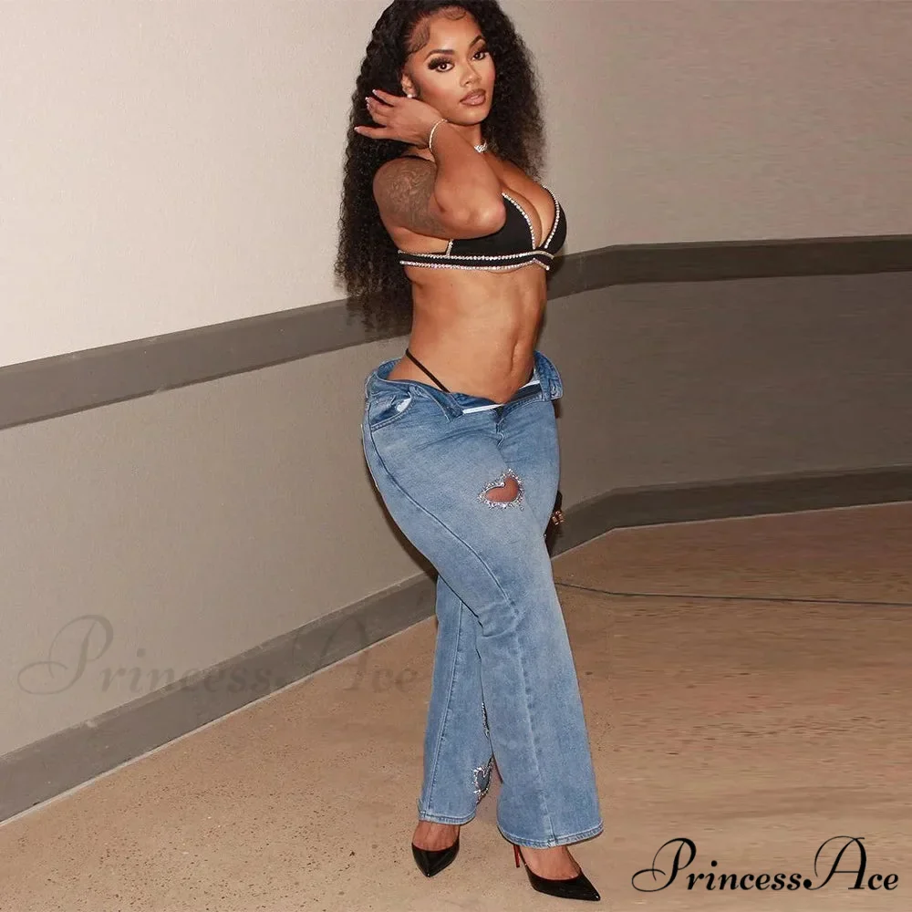 Women Straight Heart Diamond Hollow Out Pockets Vintage Denim Casual Y2K Harajuku Fashion 2024 Jeans - Image 2