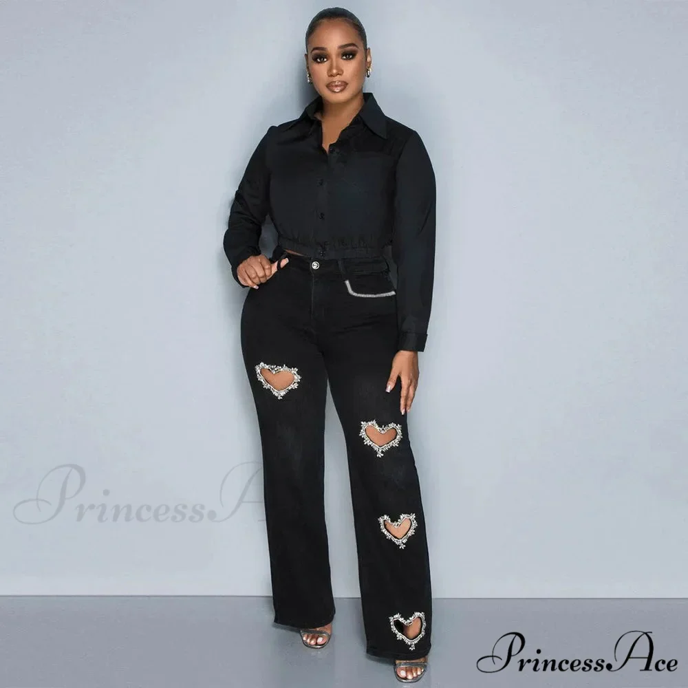 Women Straight Heart Diamond Hollow Out Pockets Vintage Denim Casual Y2K Harajuku Fashion 2024 Jeans - Image 4