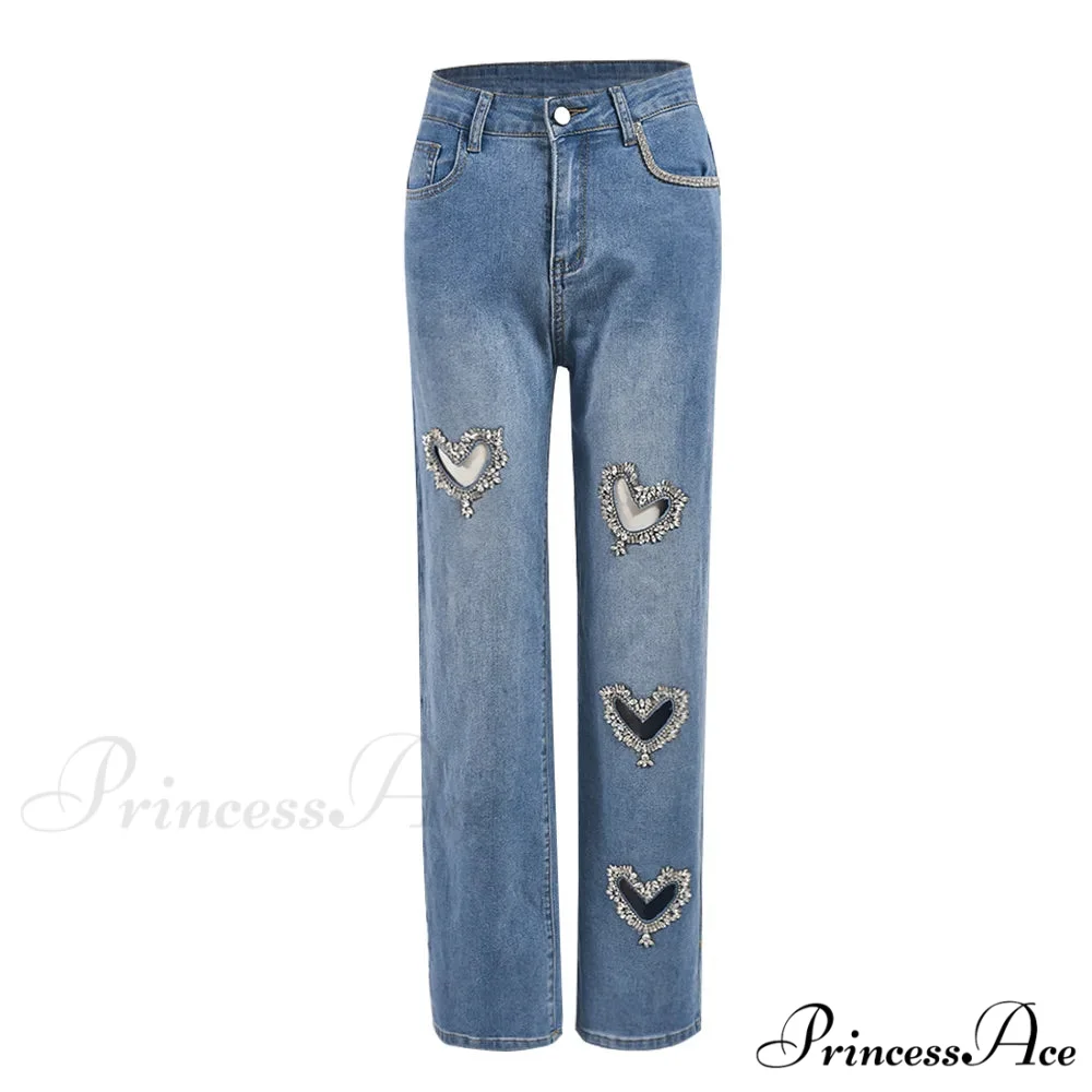 Women Straight Heart Diamond Hollow Out Pockets Vintage Denim Casual Y2K Harajuku Fashion 2024 Jeans - Image 5