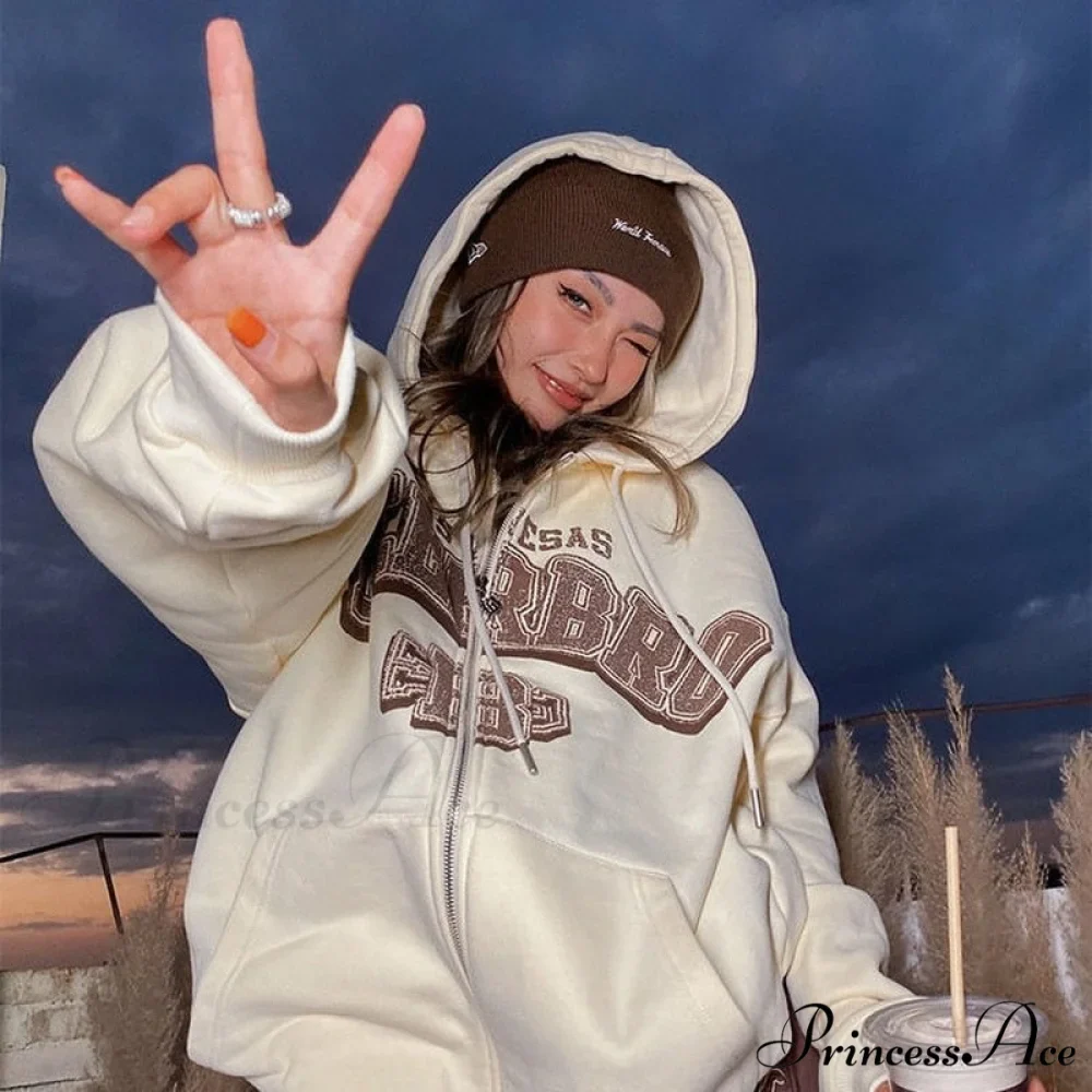 Letter Embroidery Vintage Loose Zipper Hoodies - Image 10