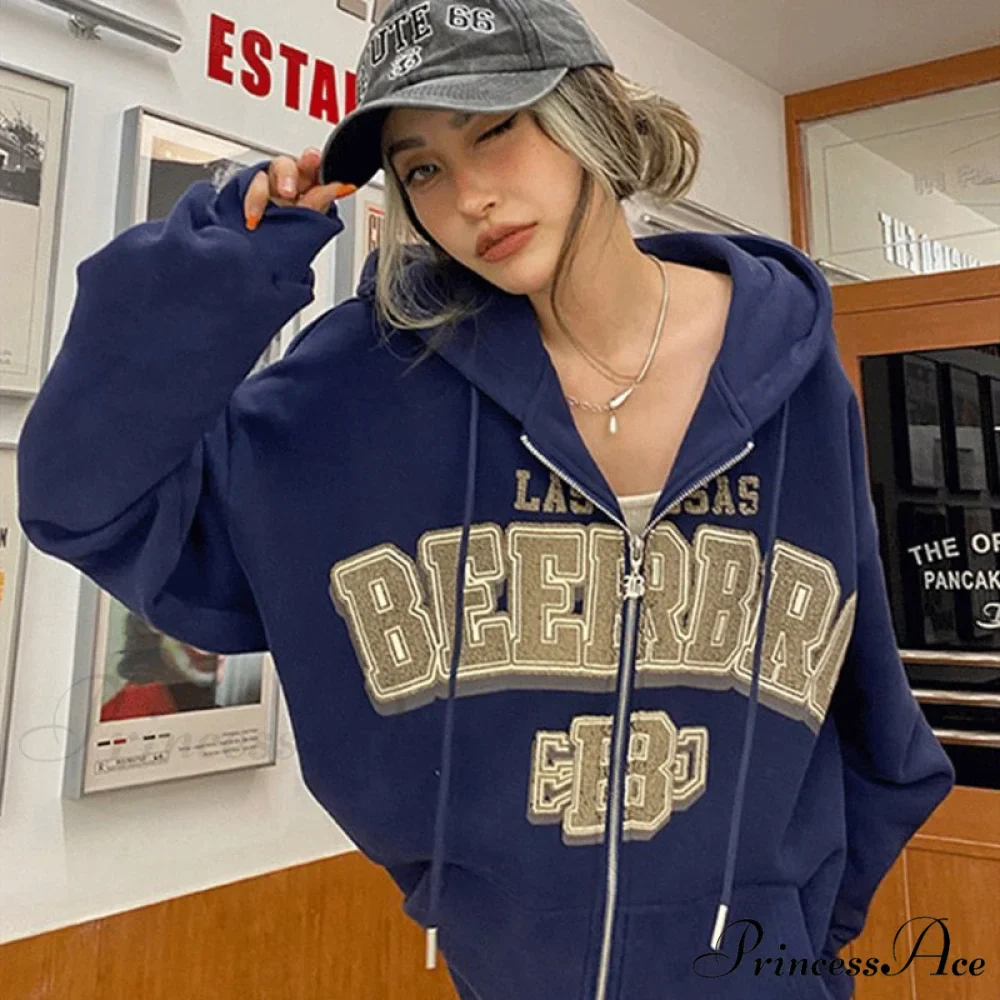 Letter Embroidery Vintage Loose Zipper Hoodies - Image 12