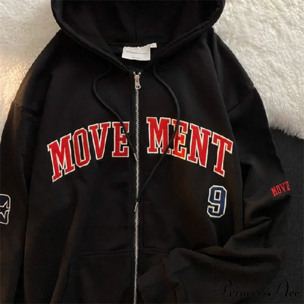Letter Embroidery Vintage Loose Zipper Hoodies - Image 15