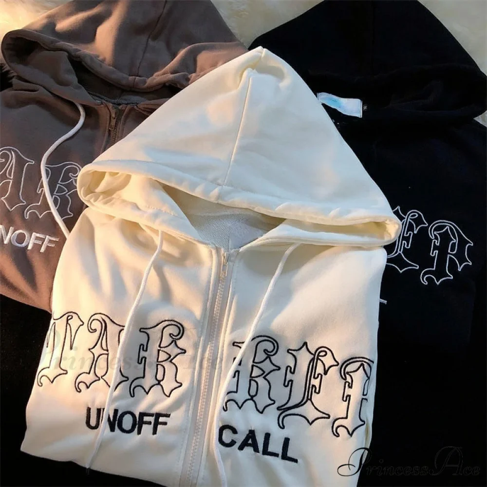 Letter Embroidery Vintage Loose Zipper Hoodies - Image 4
