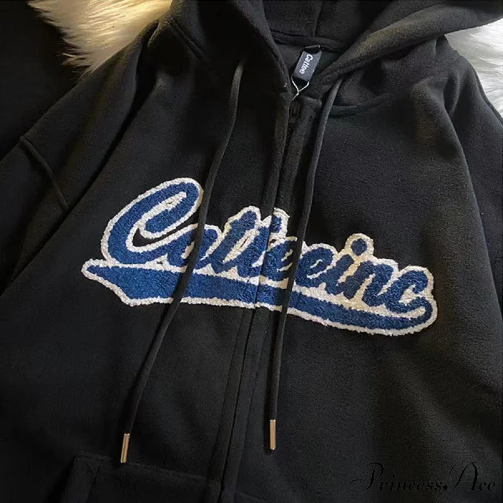Letter Embroidery Vintage Loose Zipper Hoodies - Image 8