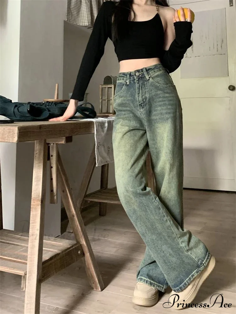 2024 Vintage Korean Denim Pants Y2K American Retro Waist Cowboy Slim Straight Leg Wide Leg Cowboy Jeans - Image 2