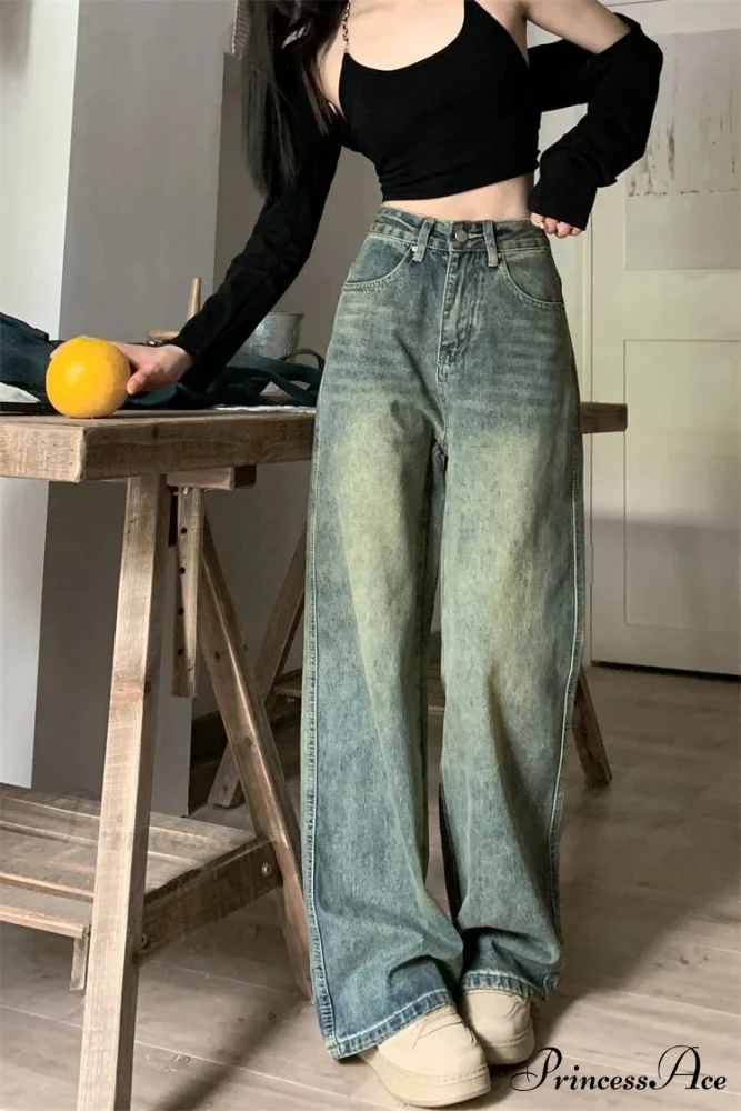 2024 Vintage Korean Denim Pants Y2K American Retro Waist Cowboy Slim Straight Leg Wide Leg Cowboy Jeans - Image 3