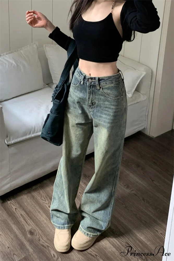 2024 Vintage Korean Denim Pants Y2K American Retro Waist Cowboy Slim Straight Leg Wide Leg Cowboy Jeans - Image 4