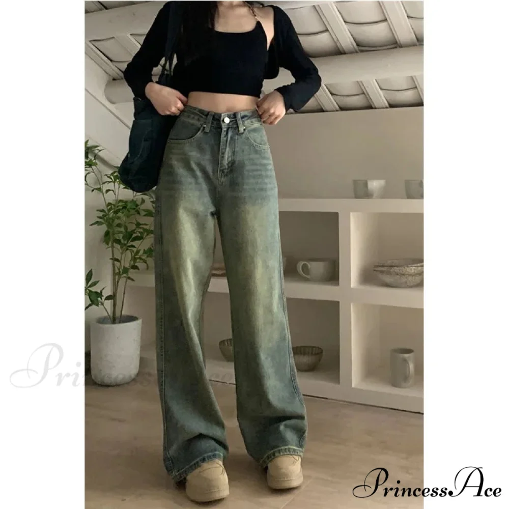 2024 Vintage Korean Denim Pants Y2K American Retro Waist Cowboy Slim Straight Leg Wide Leg Cowboy Jeans - Image 5