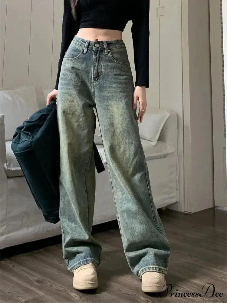 2024 Vintage Korean Denim Pants Y2K American Retro Waist Cowboy Slim Straight Leg Wide Leg Cowboy Jeans - Image 7