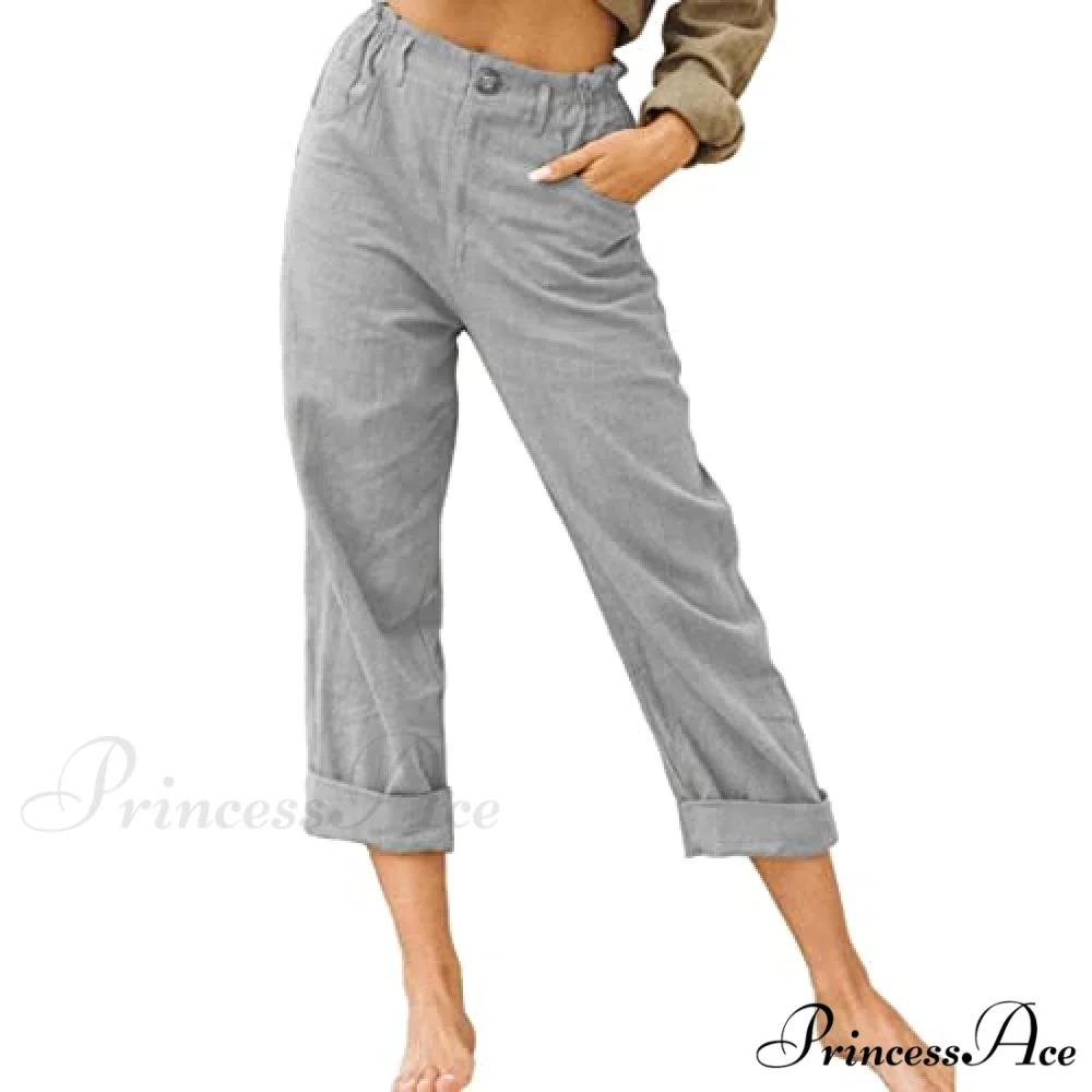 Linen Buttons Cropped Pants High Elastic Waist Stretch Capris - Image 10