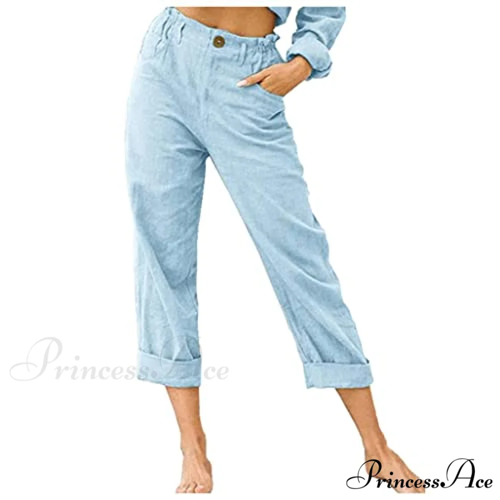 Linen Buttons Cropped Pants High Elastic Waist Stretch Capris - Image 12