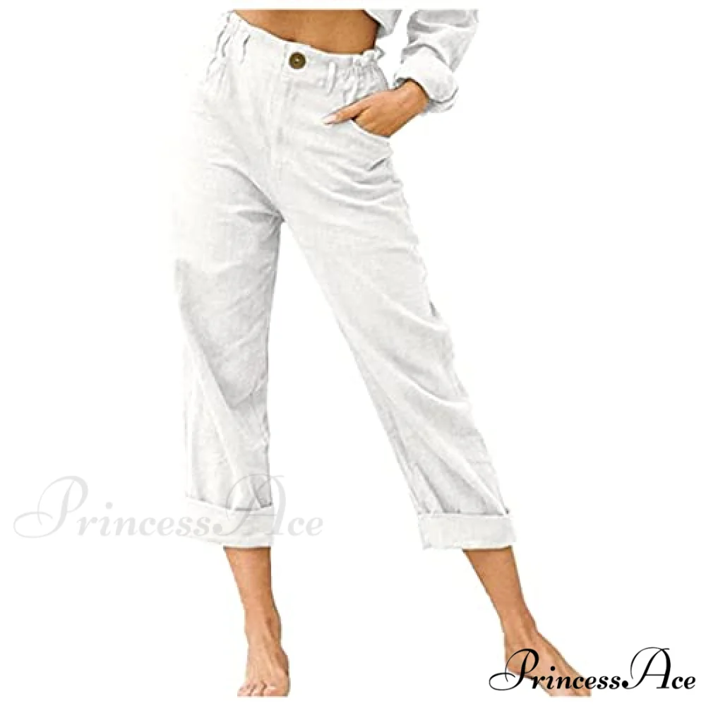 Linen Buttons Cropped Pants High Elastic Waist Stretch Capris - Image 13