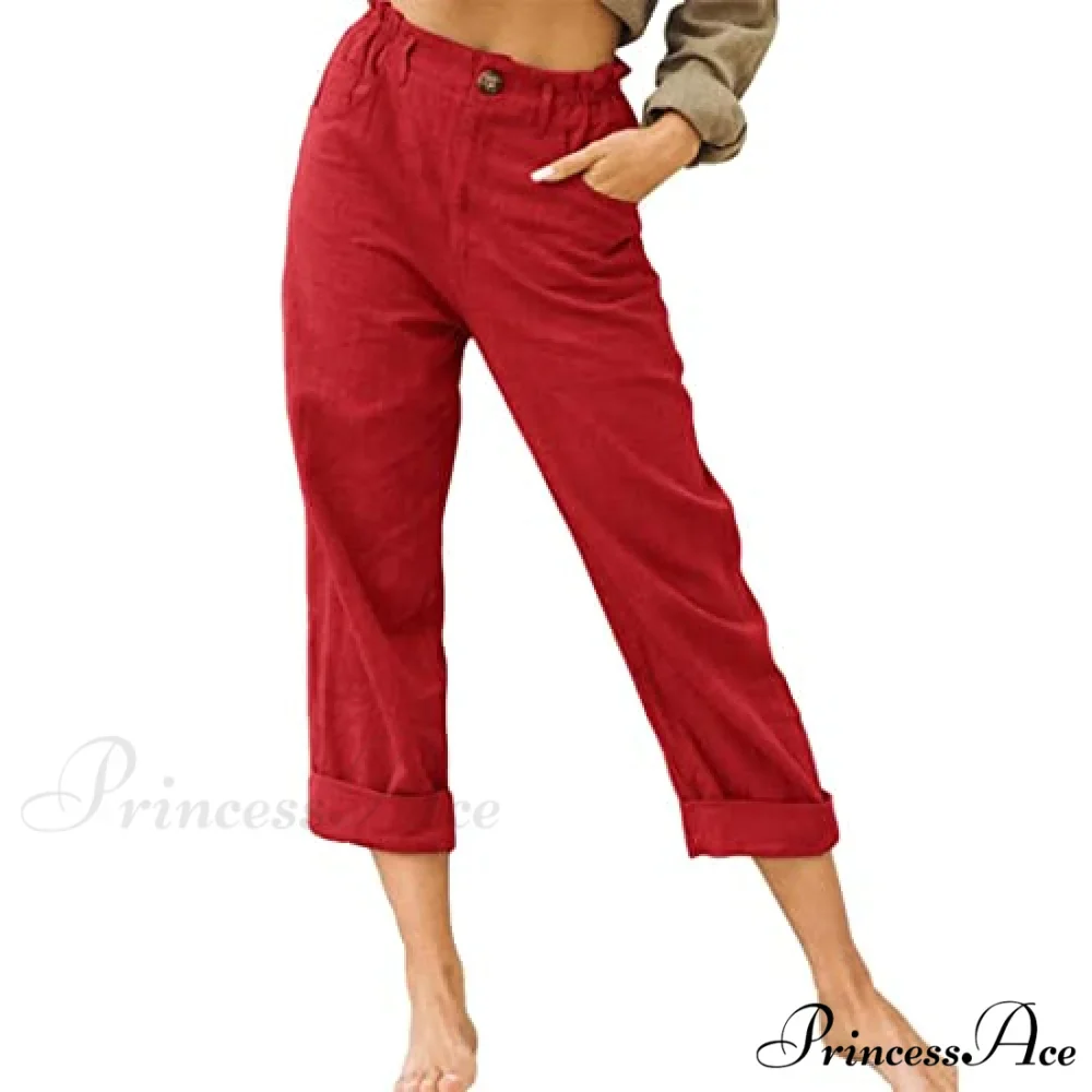 Linen Buttons Cropped Pants High Elastic Waist Stretch Capris - Image 14