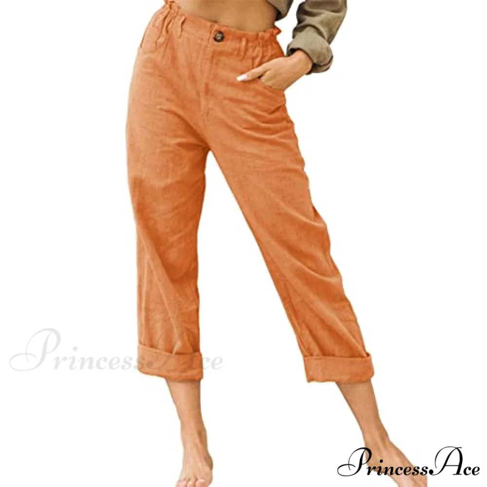 Linen Buttons Cropped Pants High Elastic Waist Stretch Capris - Image 15