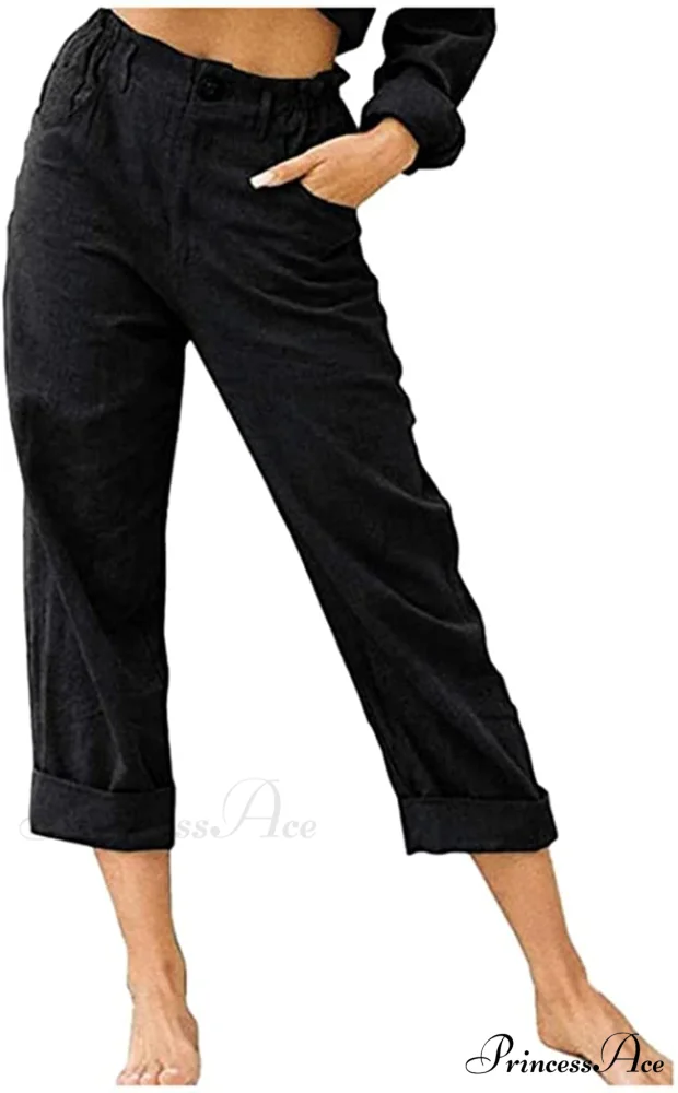 Linen Buttons Cropped Pants High Elastic Waist Stretch Capris - Image 19
