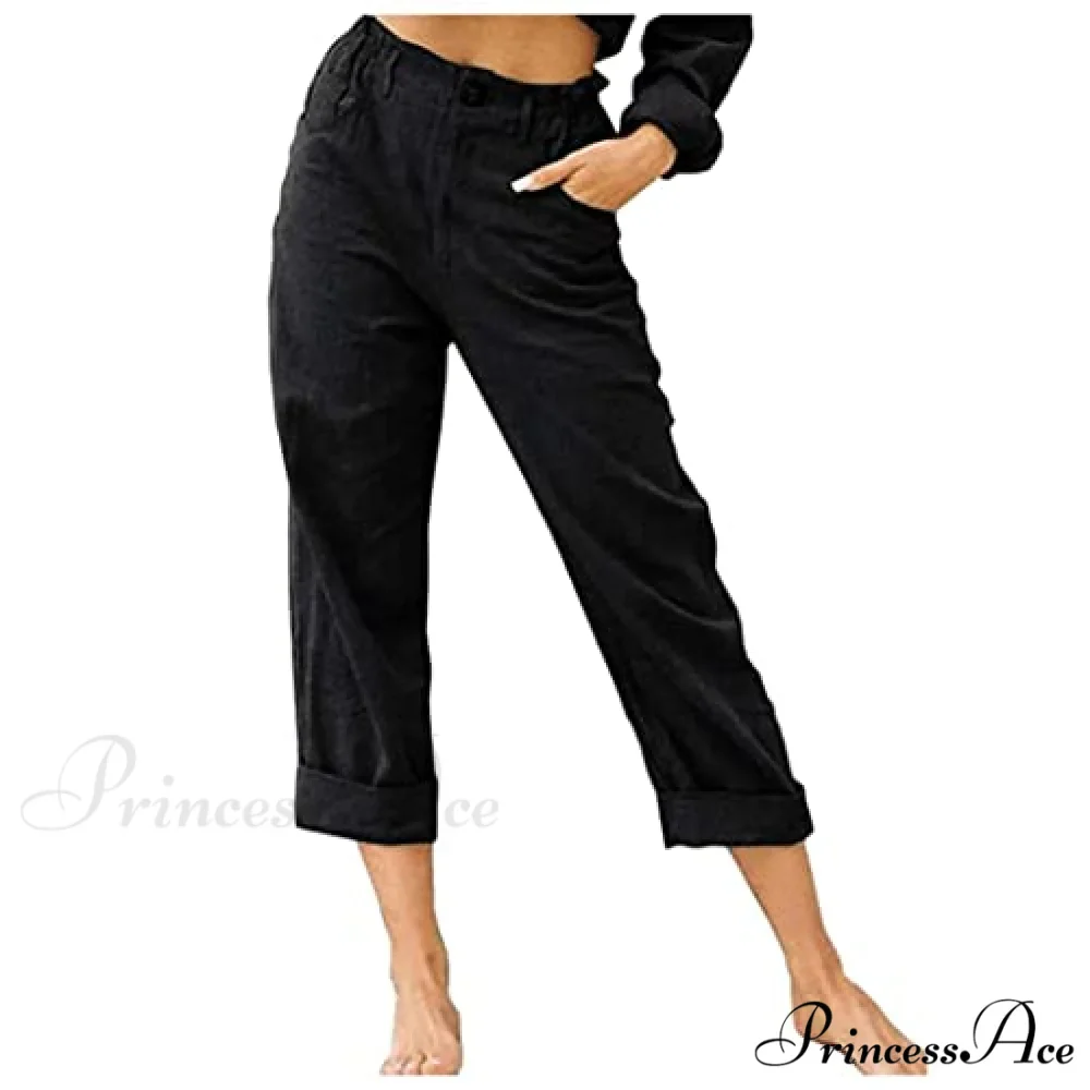 Linen Buttons Cropped Pants High Elastic Waist Stretch Capris - Image 2