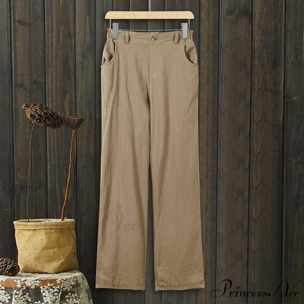 Linen Buttons Cropped Pants High Elastic Waist Stretch Capris - Image 21