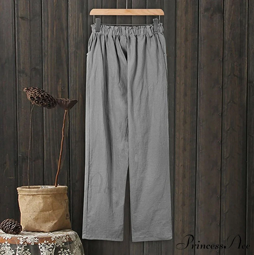 Linen Buttons Cropped Pants High Elastic Waist Stretch Capris - Image 24