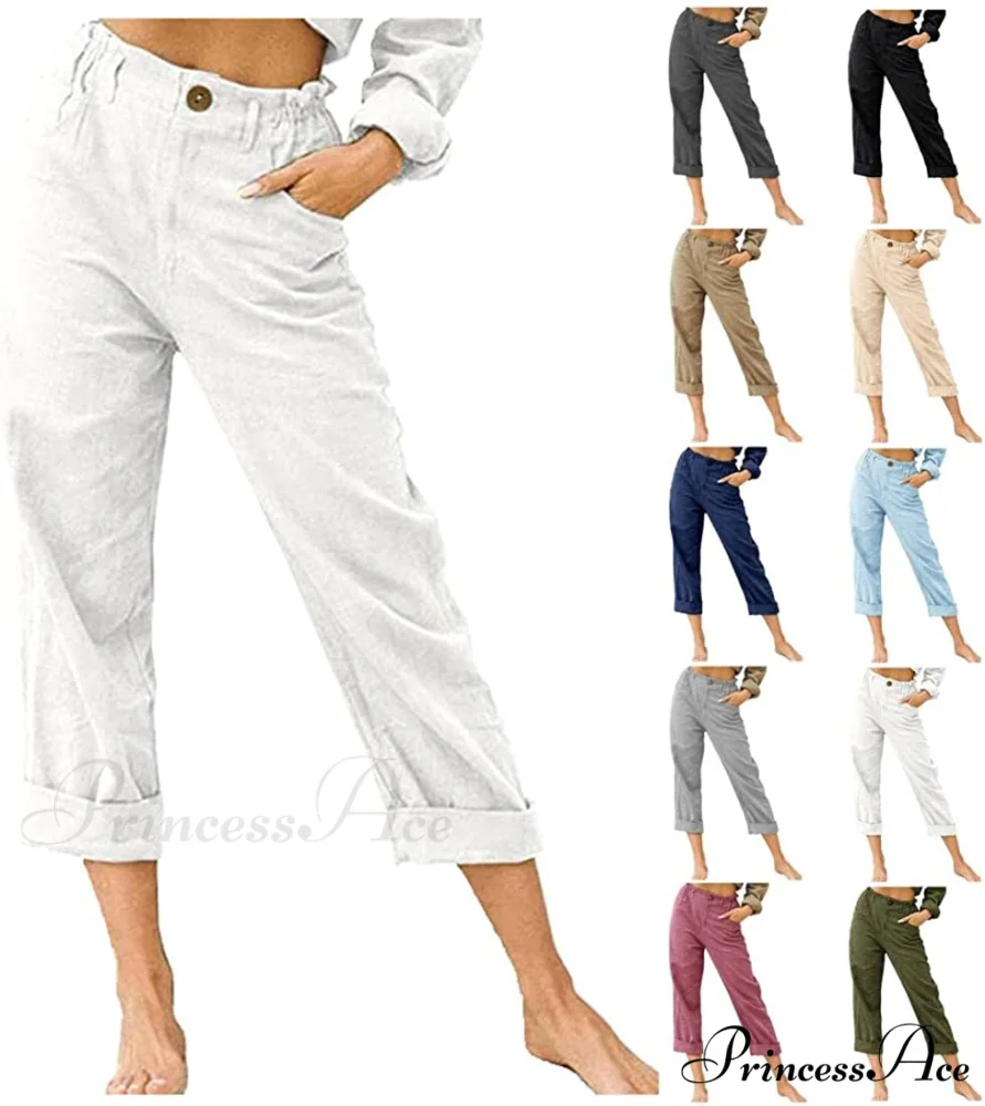 Linen Buttons Cropped Pants High Elastic Waist Stretch Capris - Image 26
