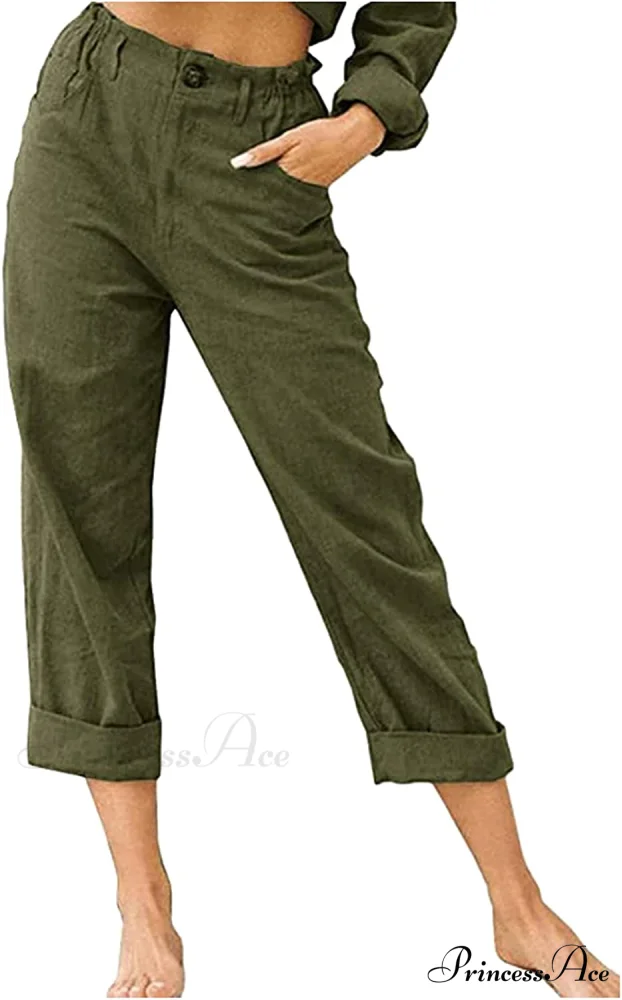 Linen Buttons Cropped Pants High Elastic Waist Stretch Capris - Image 29