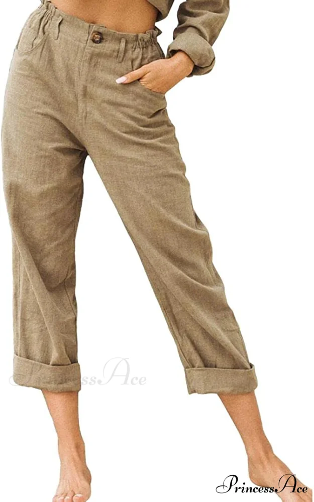 Linen Buttons Cropped Pants High Elastic Waist Stretch Capris - Image 30