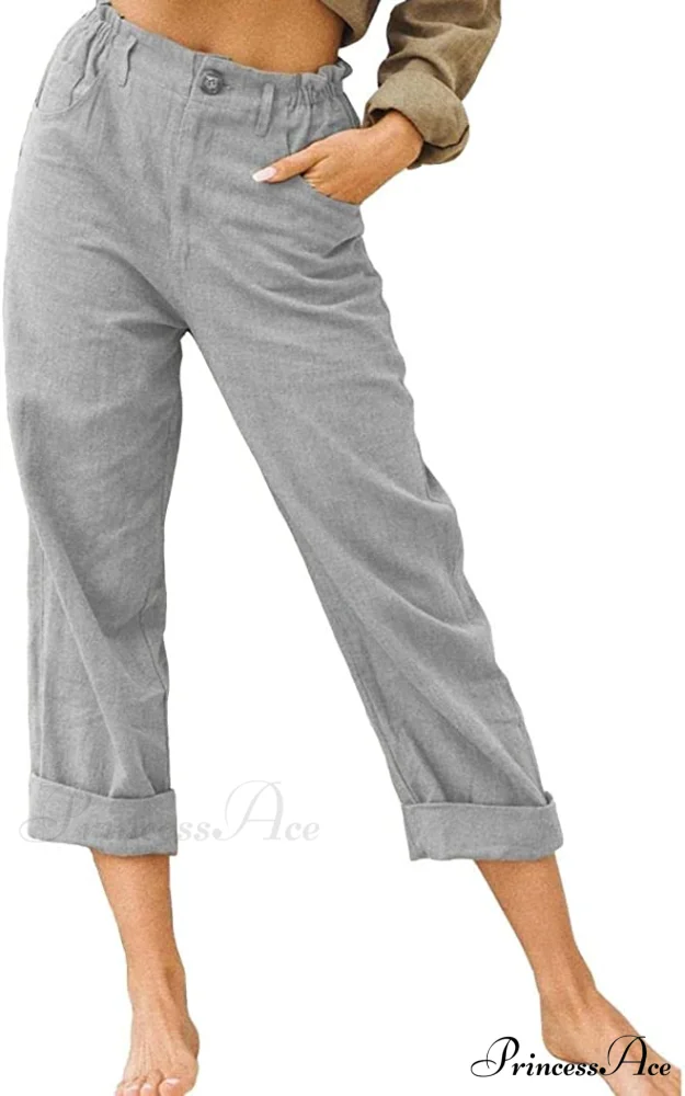 Linen Buttons Cropped Pants High Elastic Waist Stretch Capris - Image 31