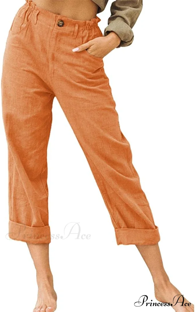 Linen Buttons Cropped Pants High Elastic Waist Stretch Capris - Image 33