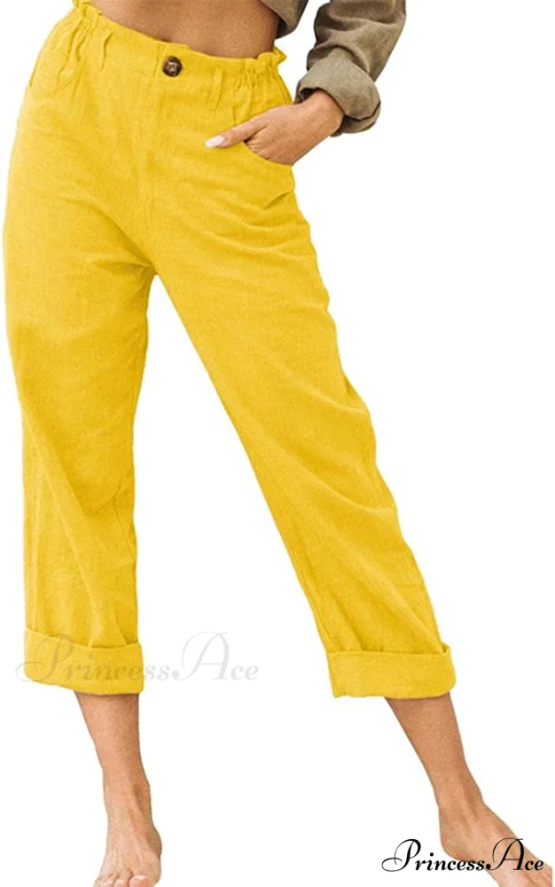 Linen Buttons Cropped Pants High Elastic Waist Stretch Capris - Image 34