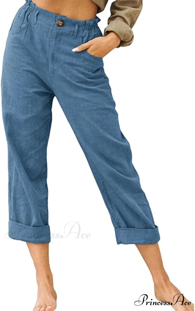 Linen Buttons Cropped Pants High Elastic Waist Stretch Capris - Image 36