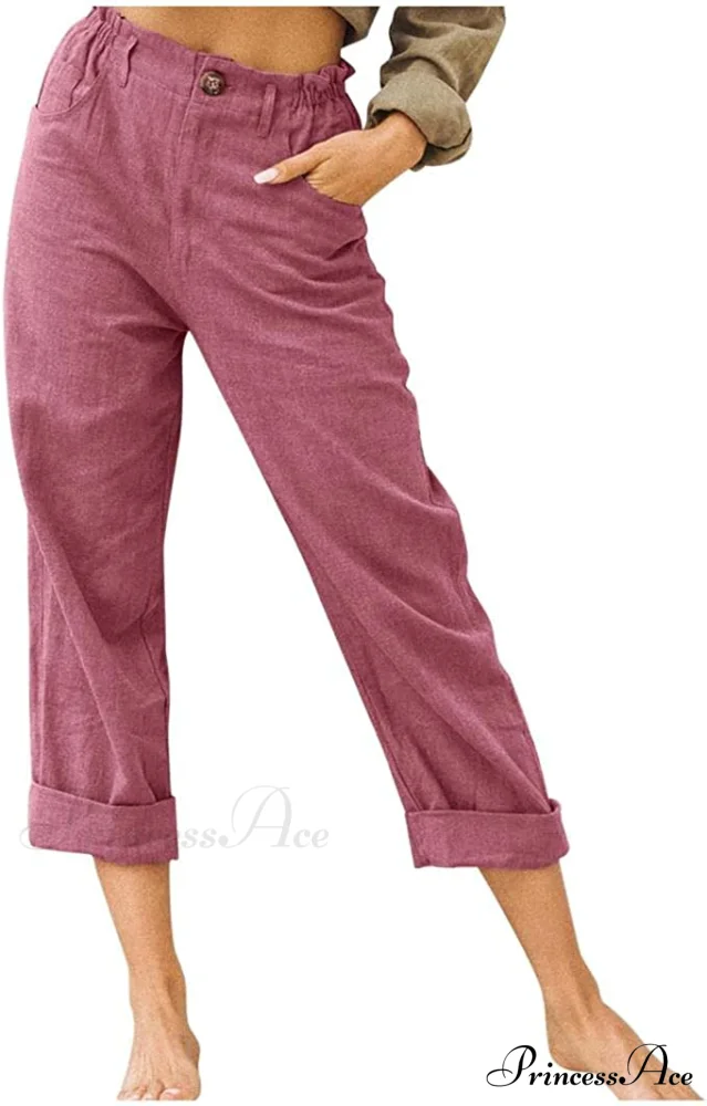 Linen Buttons Cropped Pants High Elastic Waist Stretch Capris - Image 37