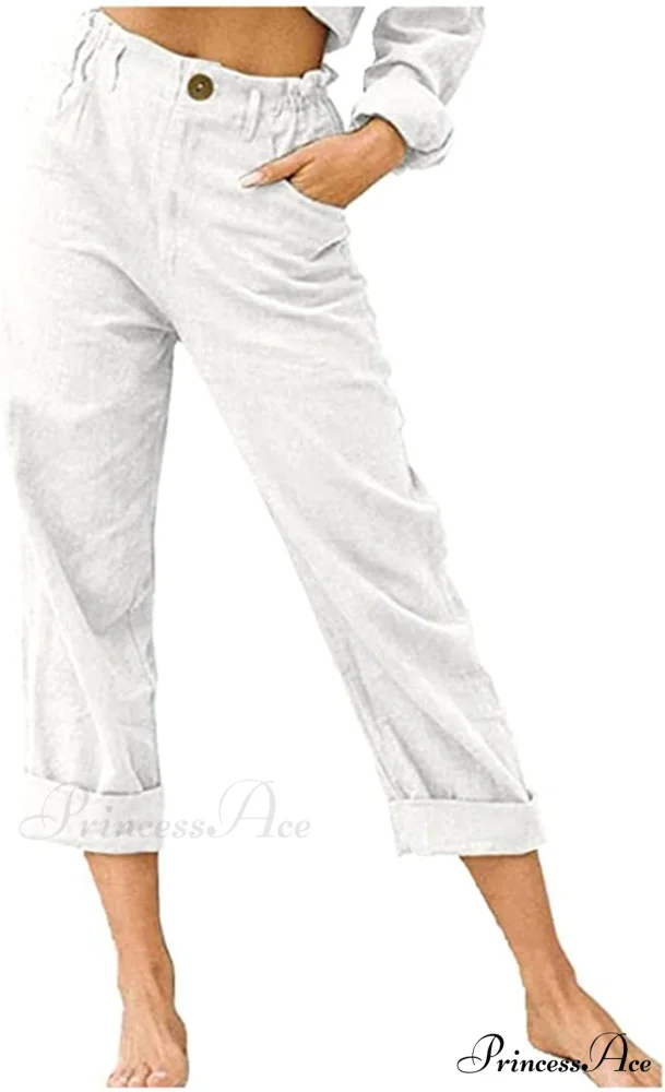 Linen Buttons Cropped Pants High Elastic Waist Stretch Capris - Image 38