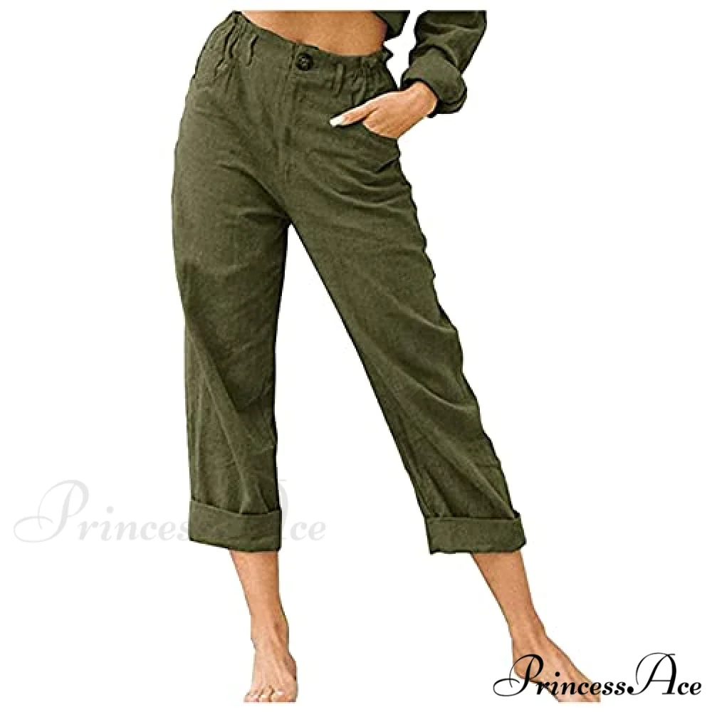Linen Buttons Cropped Pants High Elastic Waist Stretch Capris - Image 6