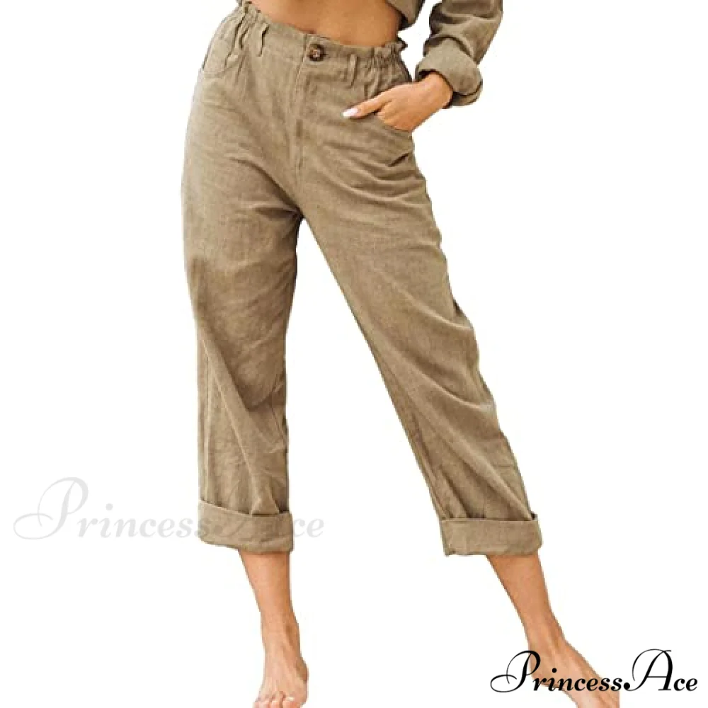Linen Buttons Cropped Pants High Elastic Waist Stretch Capris - Image 9