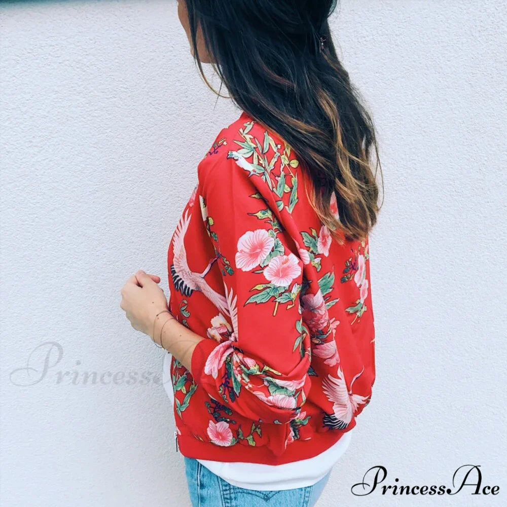Flower Print Long Sleeve Zipper Jacket - Image 4