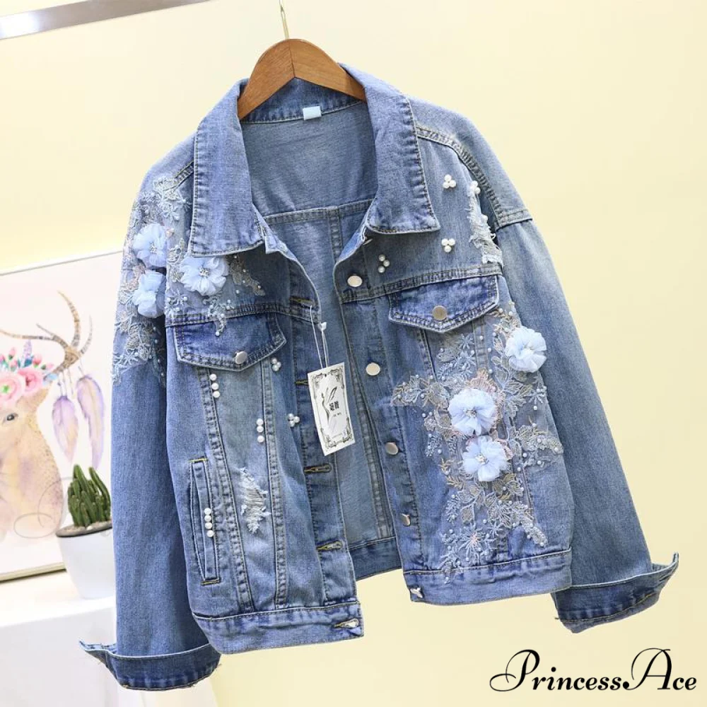 Flower Pearl Ripped Denim Jacket - Image 2