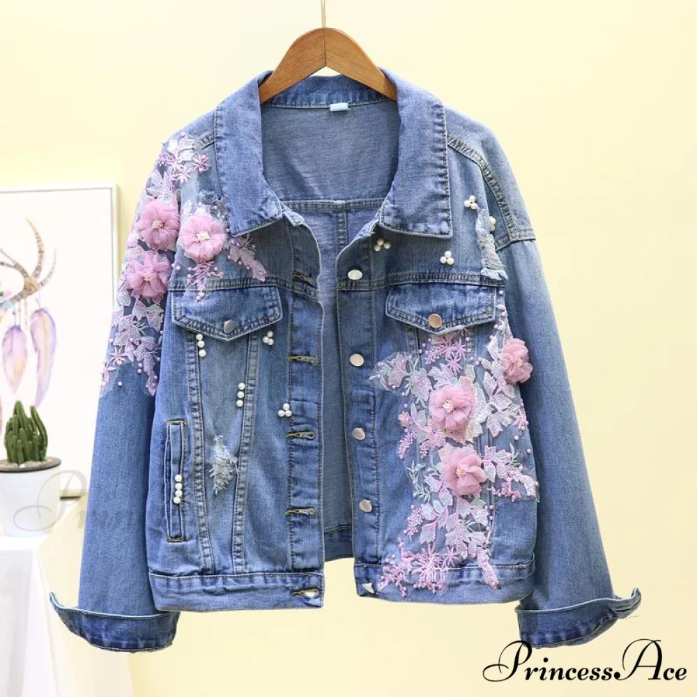 Flower Pearl Ripped Denim Jacket - Image 3