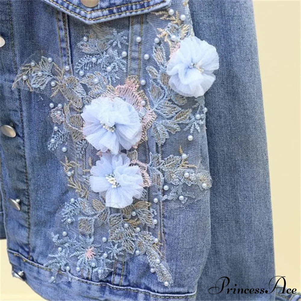 Flower Pearl Ripped Denim Jacket - Image 5