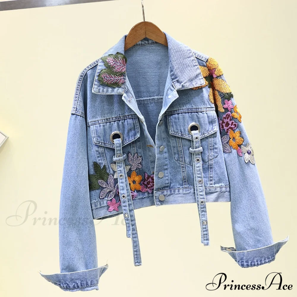 Floral Denim Embroidery Sequined Jacket - Image 3
