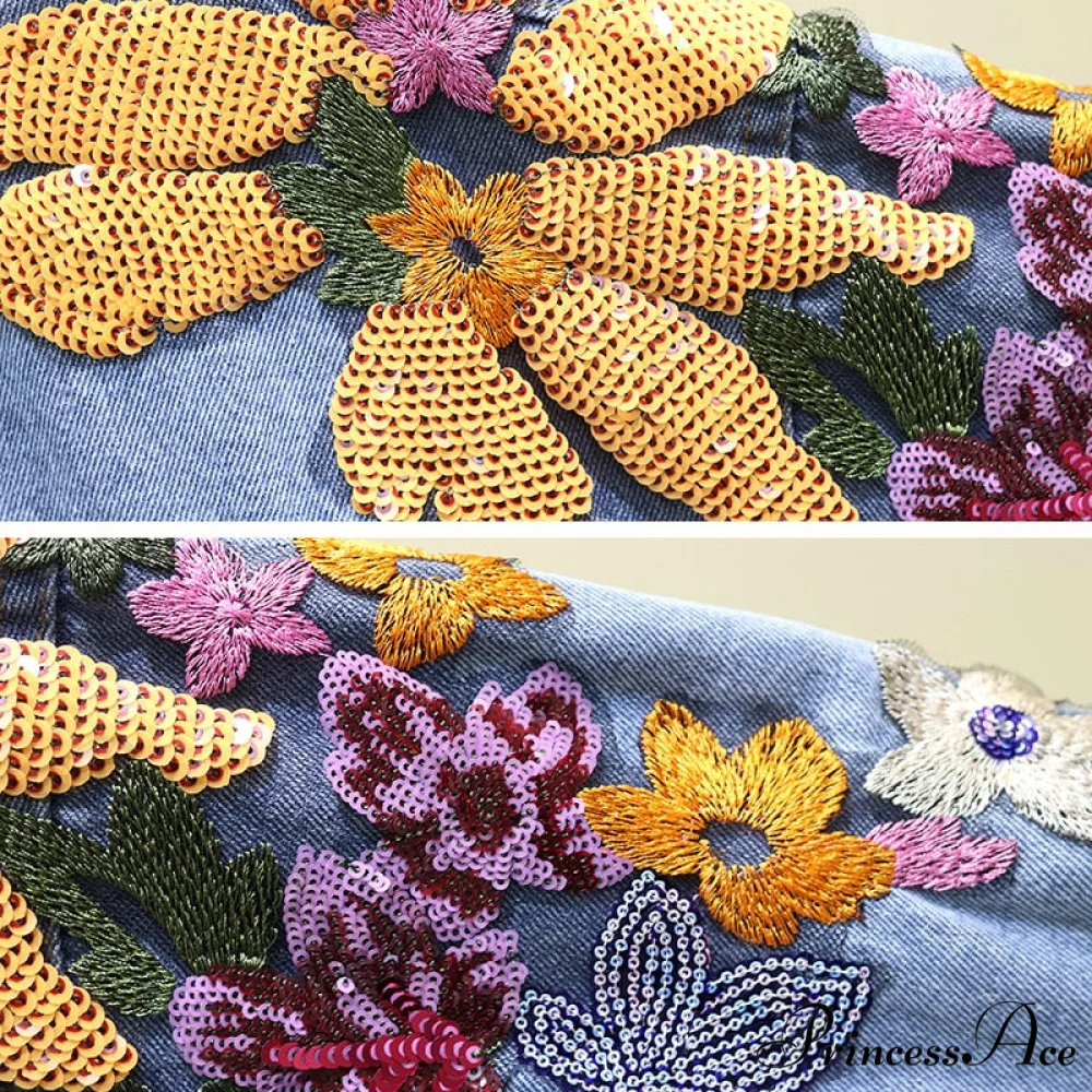 Floral Denim Embroidery Sequined Jacket - Image 5