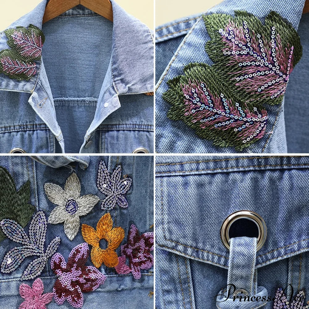 Floral Denim Embroidery Sequined Jacket - Image 6