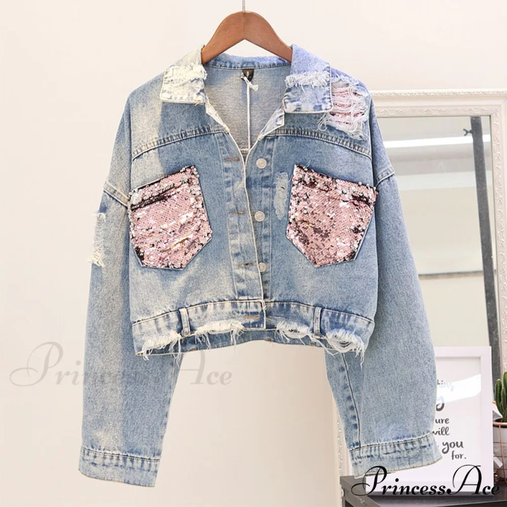 Pink Shiny Sequin Denim Jacket - Image 8