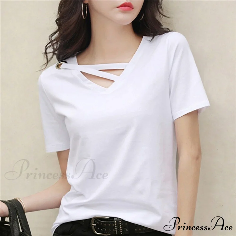 Casual Solid Color Short Sleeve V Neck T-shirt - Image 17