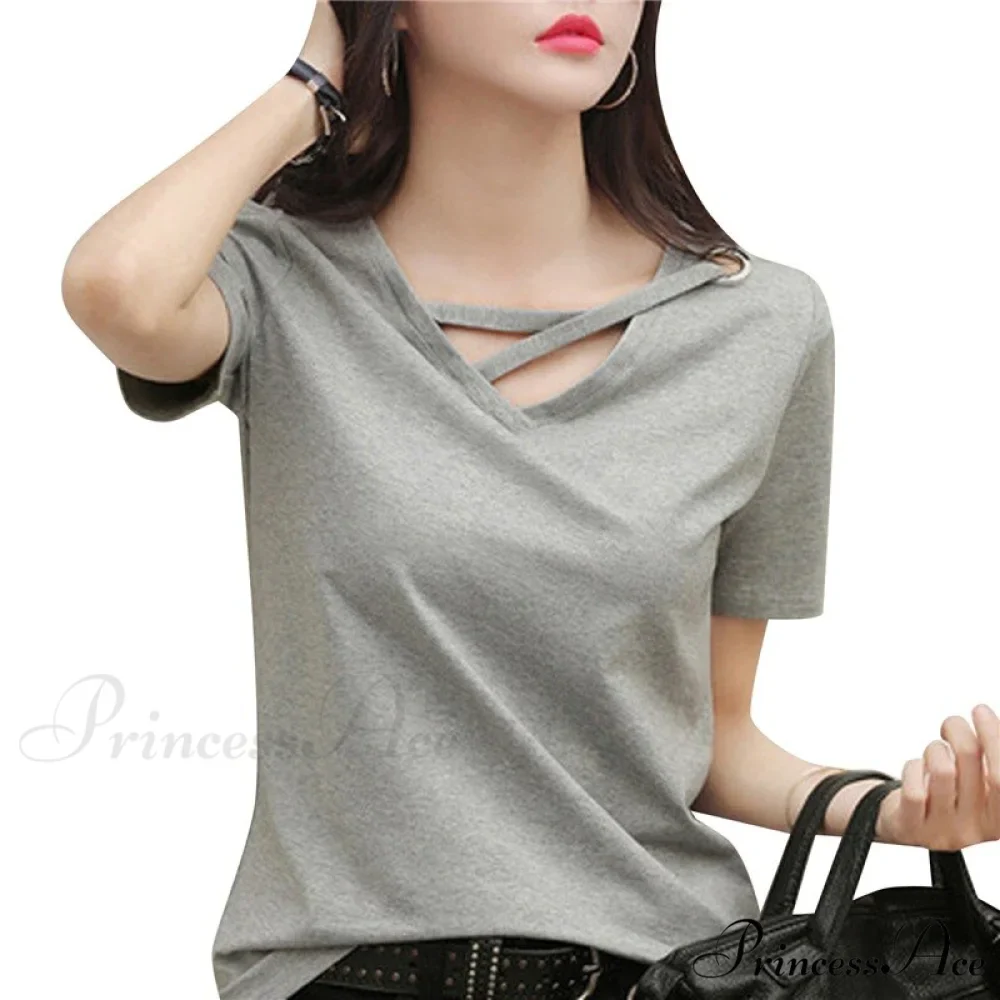 Casual Solid Color Short Sleeve V Neck T-shirt - Image 18