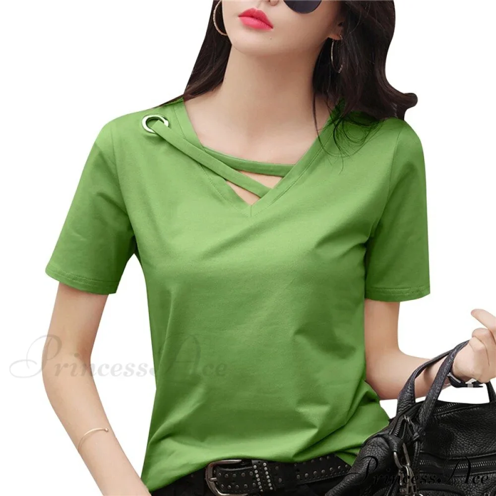 Casual Solid Color Short Sleeve V Neck T-shirt - Image 19
