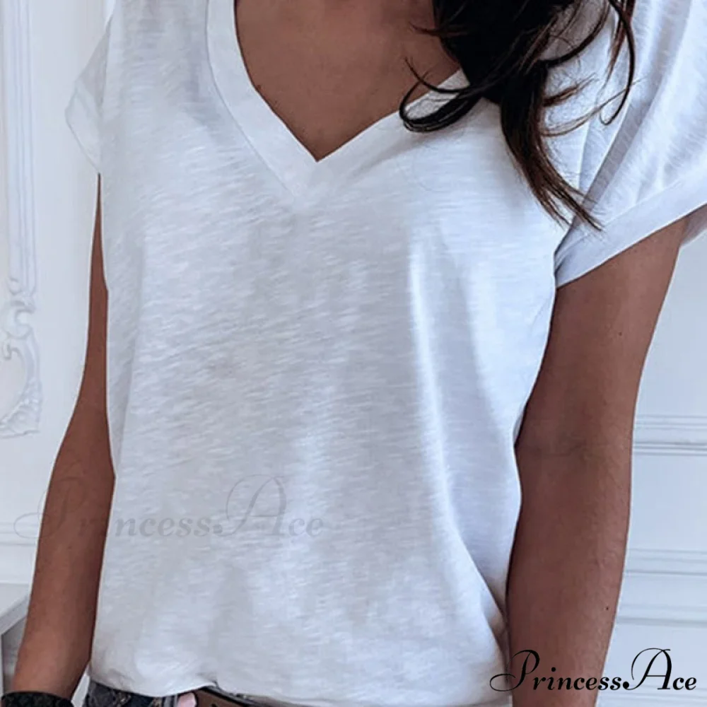 Casual Solid Color Short Sleeve V Neck T-shirt - Image 5