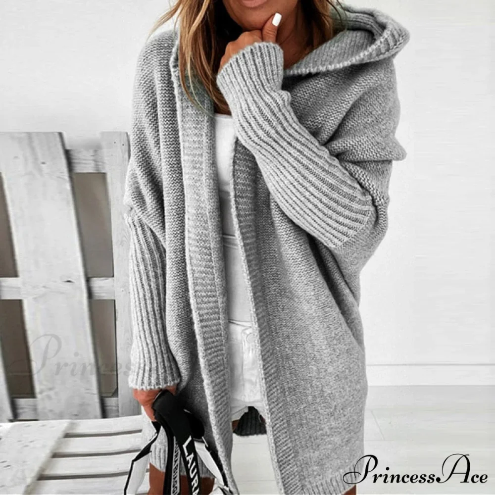 Long Hooded Cardigan Women Solid Color Braid Knit Overcoat - Image 3