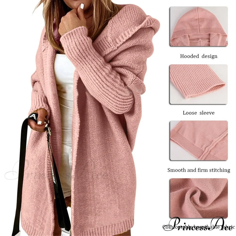 Long Hooded Cardigan Women Solid Color Braid Knit Overcoat - Image 5