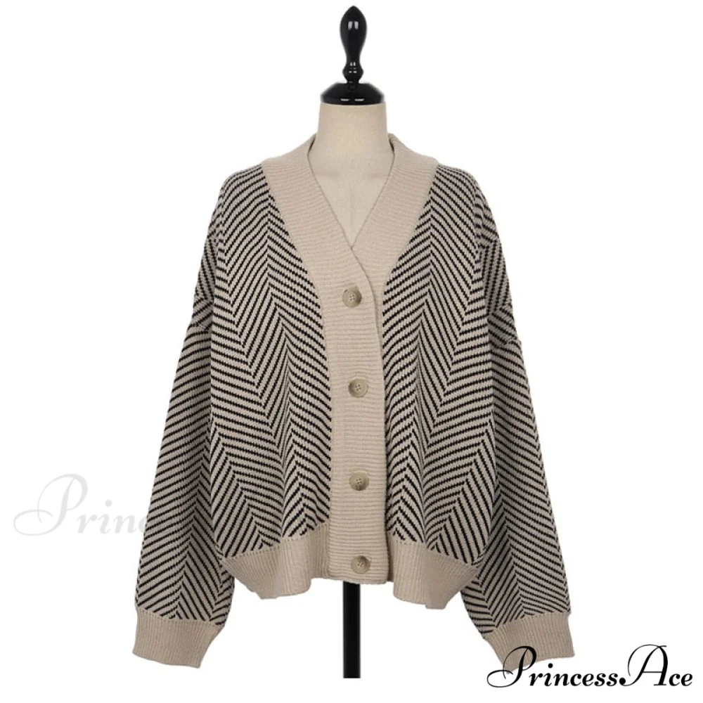Casual Knitted Cardigan Oversize Button Front Contrast Stripe Cardigan - Image 4