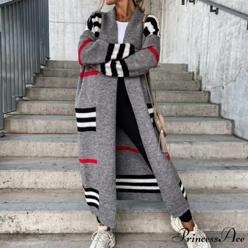 Casual Striped Color Matching Knitted Long Sweaters Cardigan - Image 2