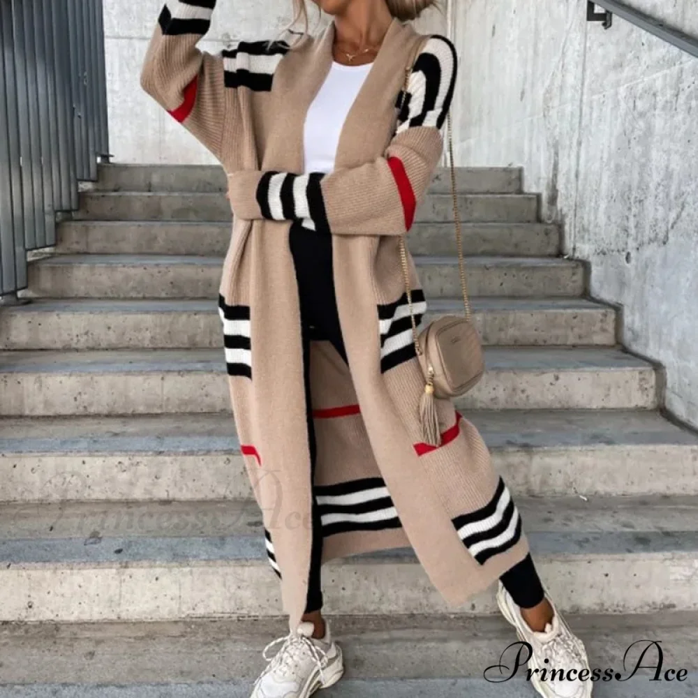 Casual Striped Color Matching Knitted Long Sweaters Cardigan - Image 3